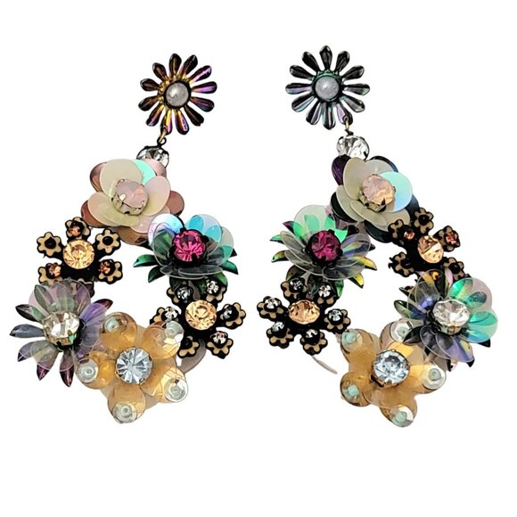 Floral, Plastics, Glass Bead, Sequin Artisan Post Drop Dangle Earrings - Picture 2 of 10